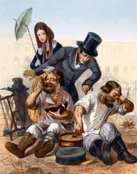 Rich Couple Speak to a Pair of Drunken Carpenters Cooking and Eating in the Street, 1843